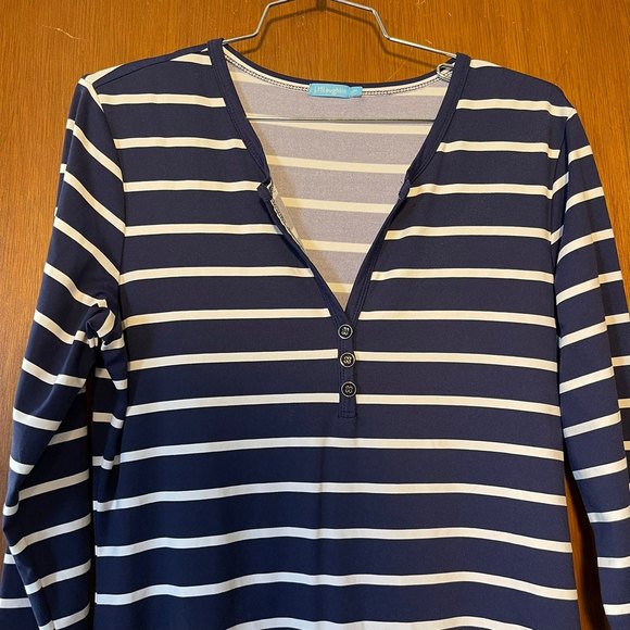 J. Mclaughlin Woman's Navy & White Striped Classic Midi Dress Size Medium - Picture 2 of 6